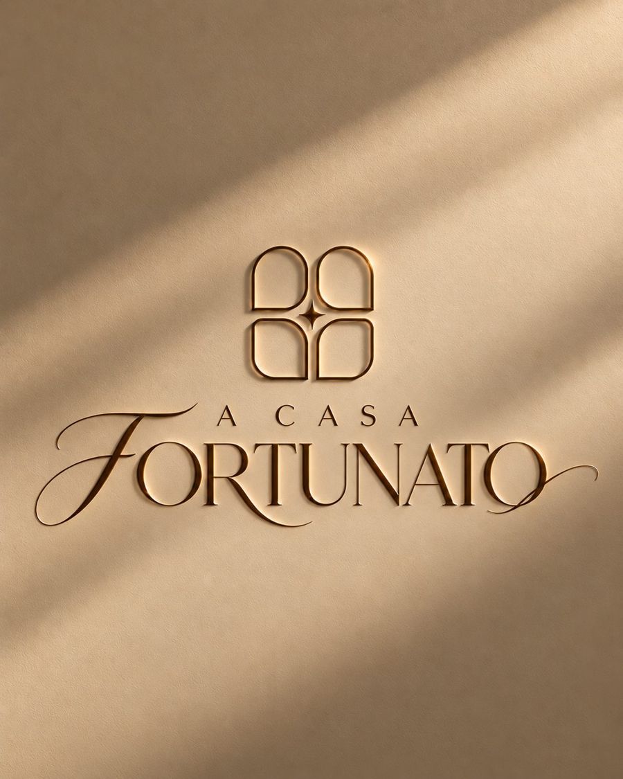 Logo da A Casa Fortunato aplicado em uma parede bege iluminada pelo sol